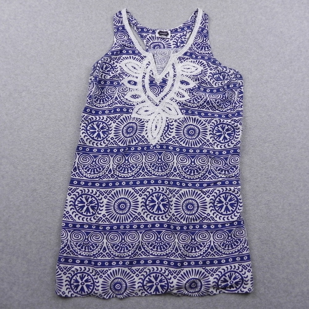 Mud Pie Tank Top Womens S Blue White Medallion Embroidered Racerback Cover Up